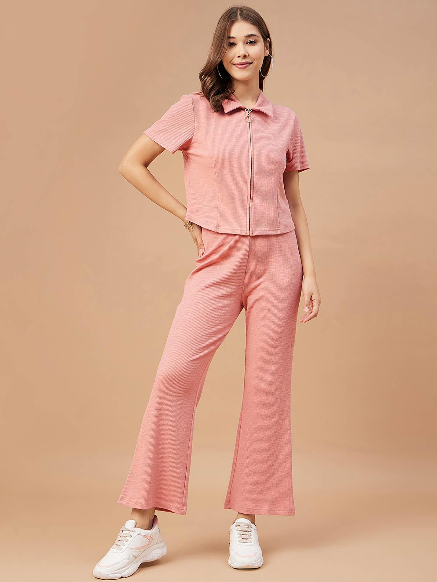 women dusky pink solid poly knit regular sleeve collar neck co-ord (set of 2)