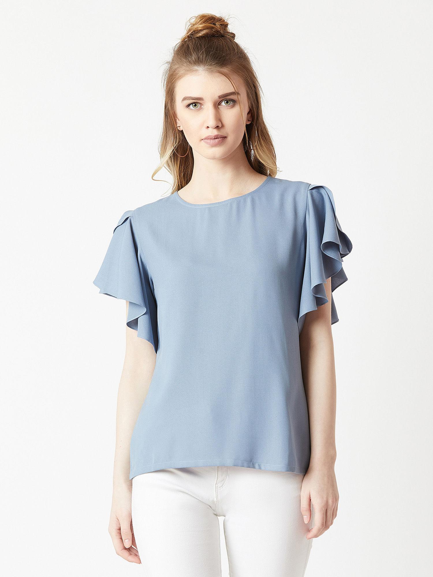 women dusty blue round neck short sleeve solid ruffled top