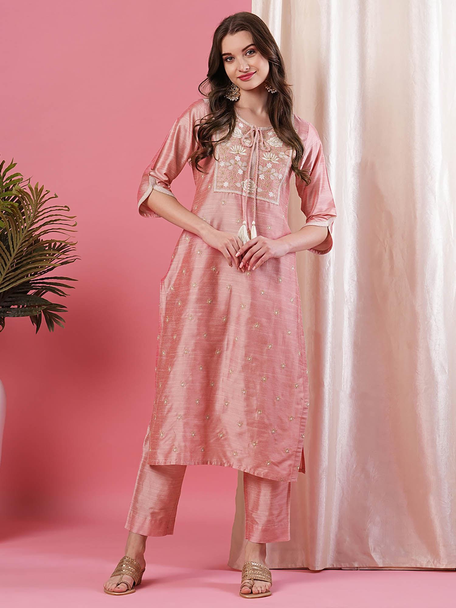 women dusty pink all-over embroidered calf length straight kurta with pant (set of 2)