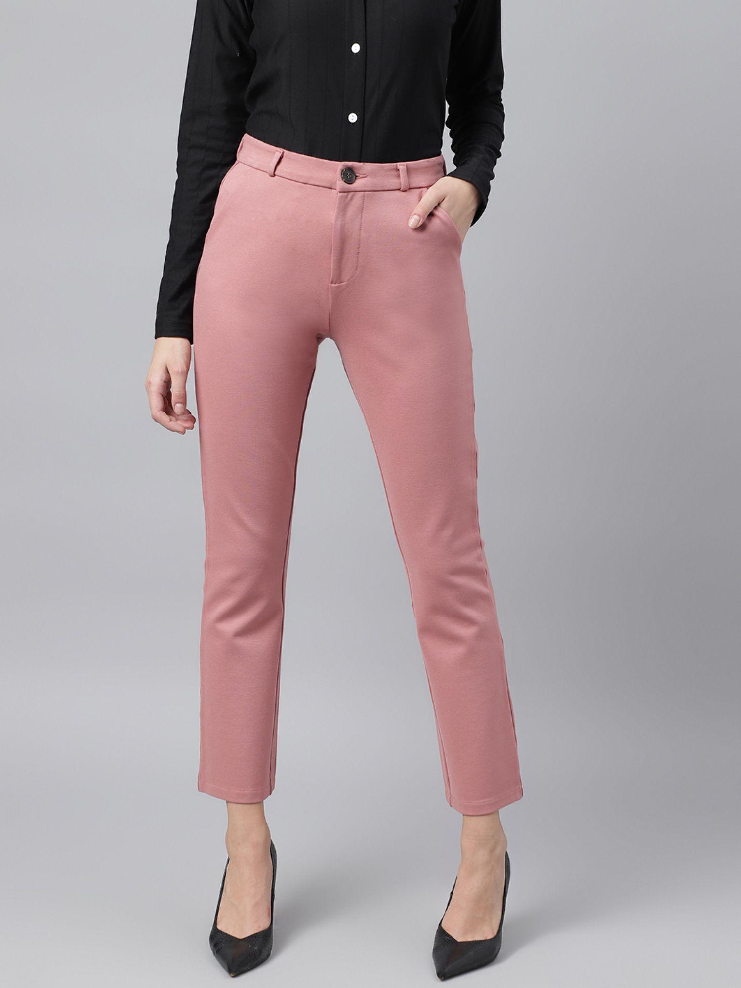 women dusty pink comfort straight slim fit high rise trousers