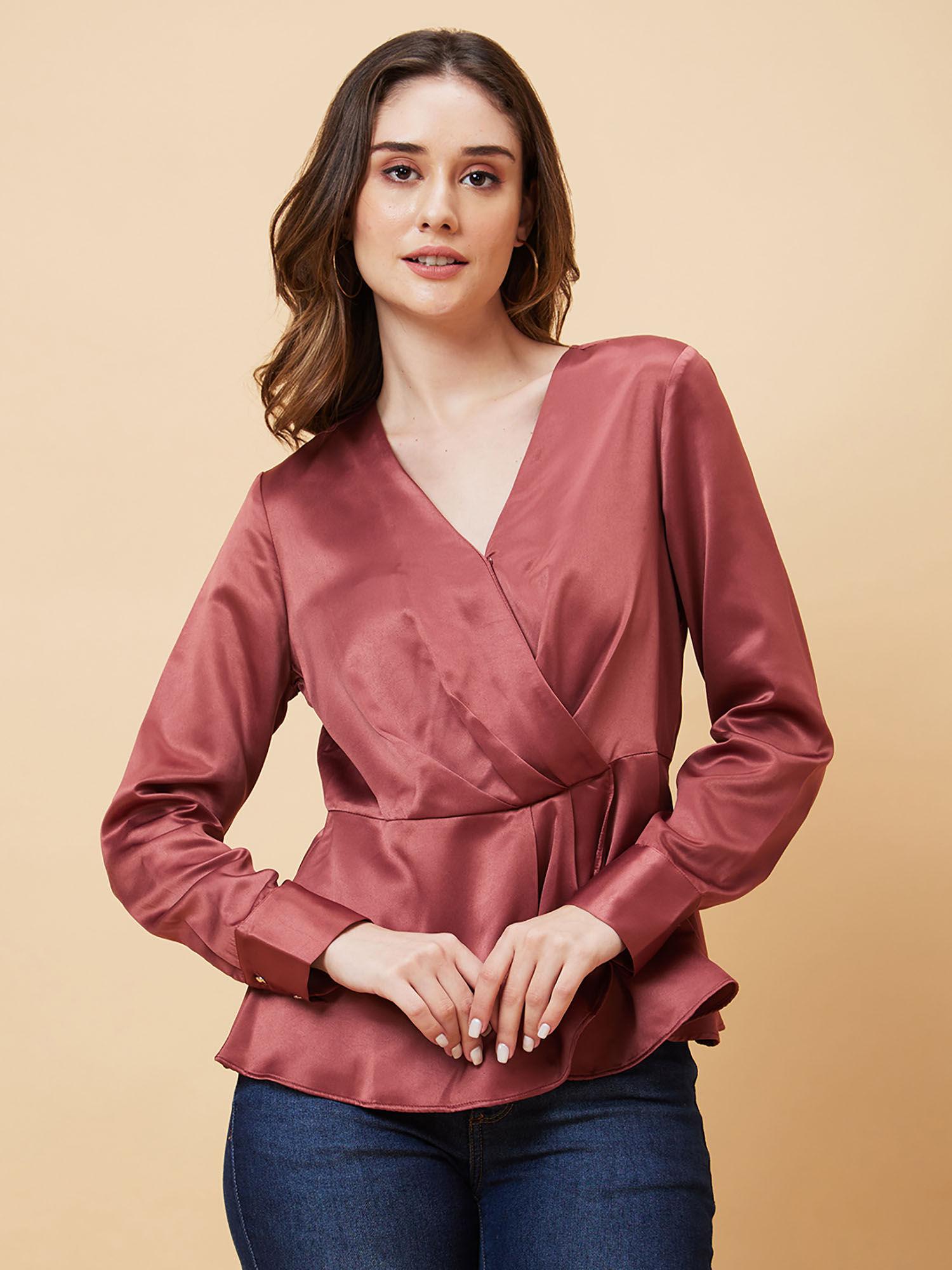 women dusty pink long cuffed sleeves v-neck wrap party top