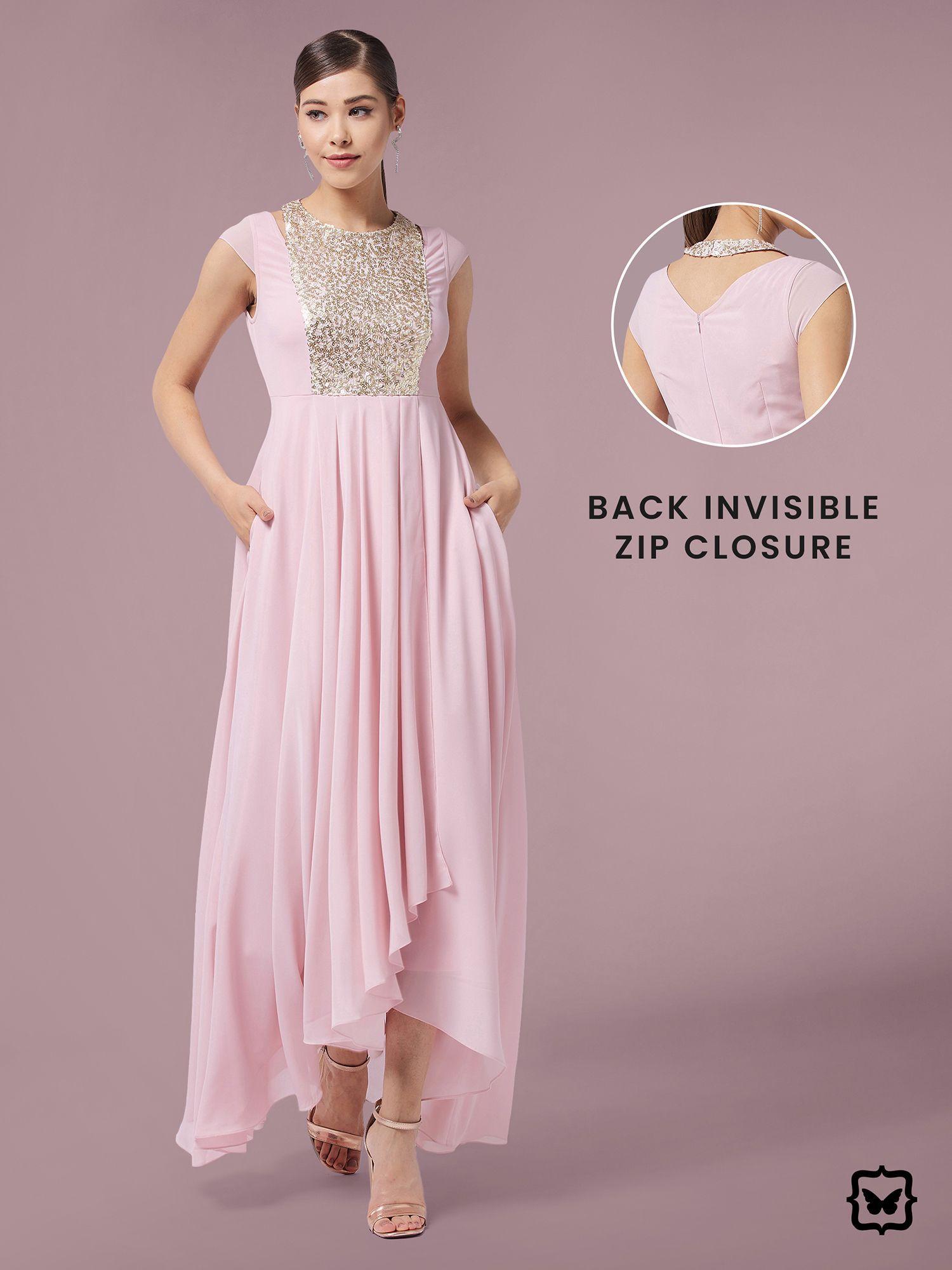 women dusty pink round neck cap sleeve solid embellished maxi dress