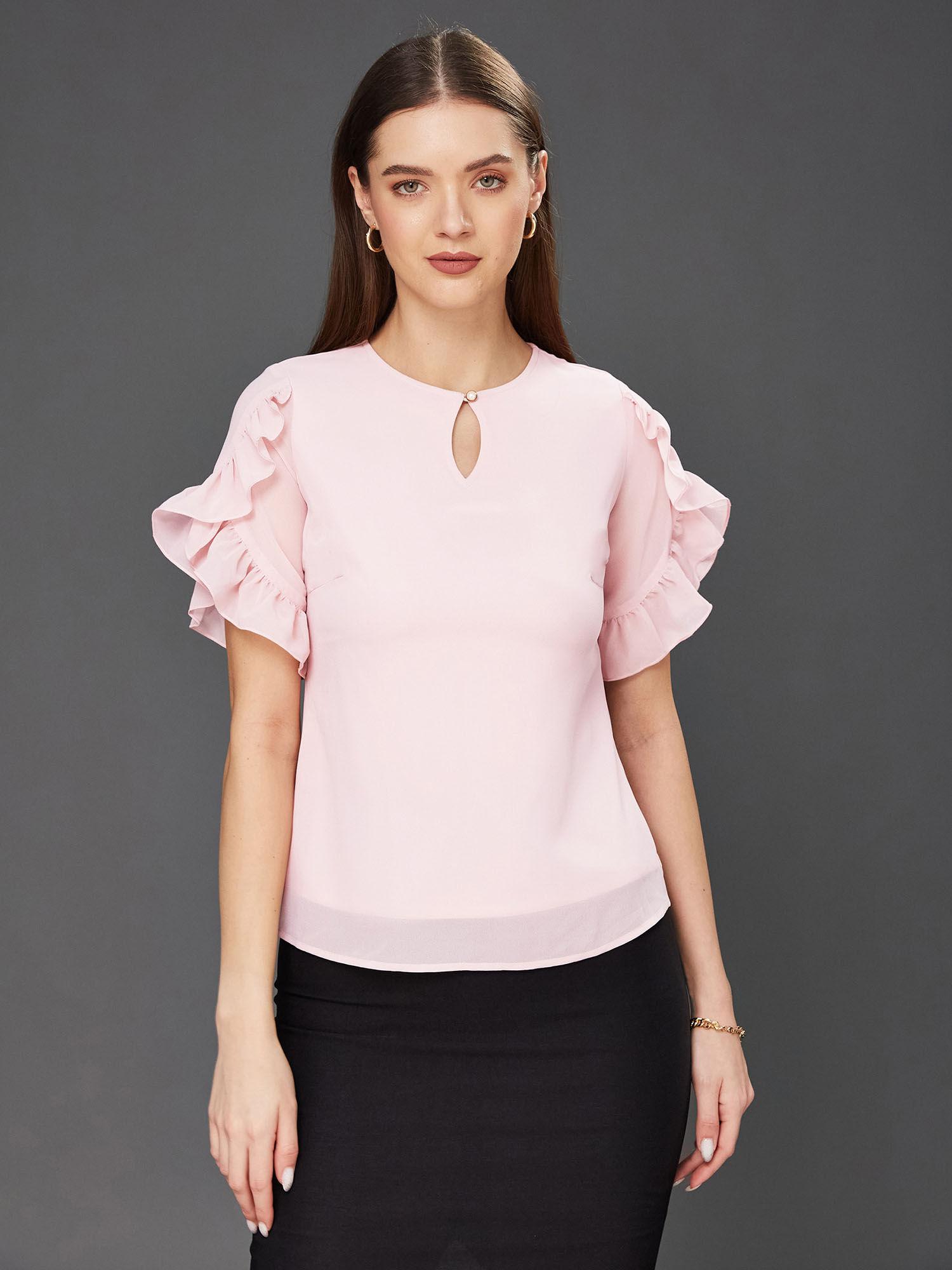 women dusty pink solid round neck half sleeve relaxed fit regular top