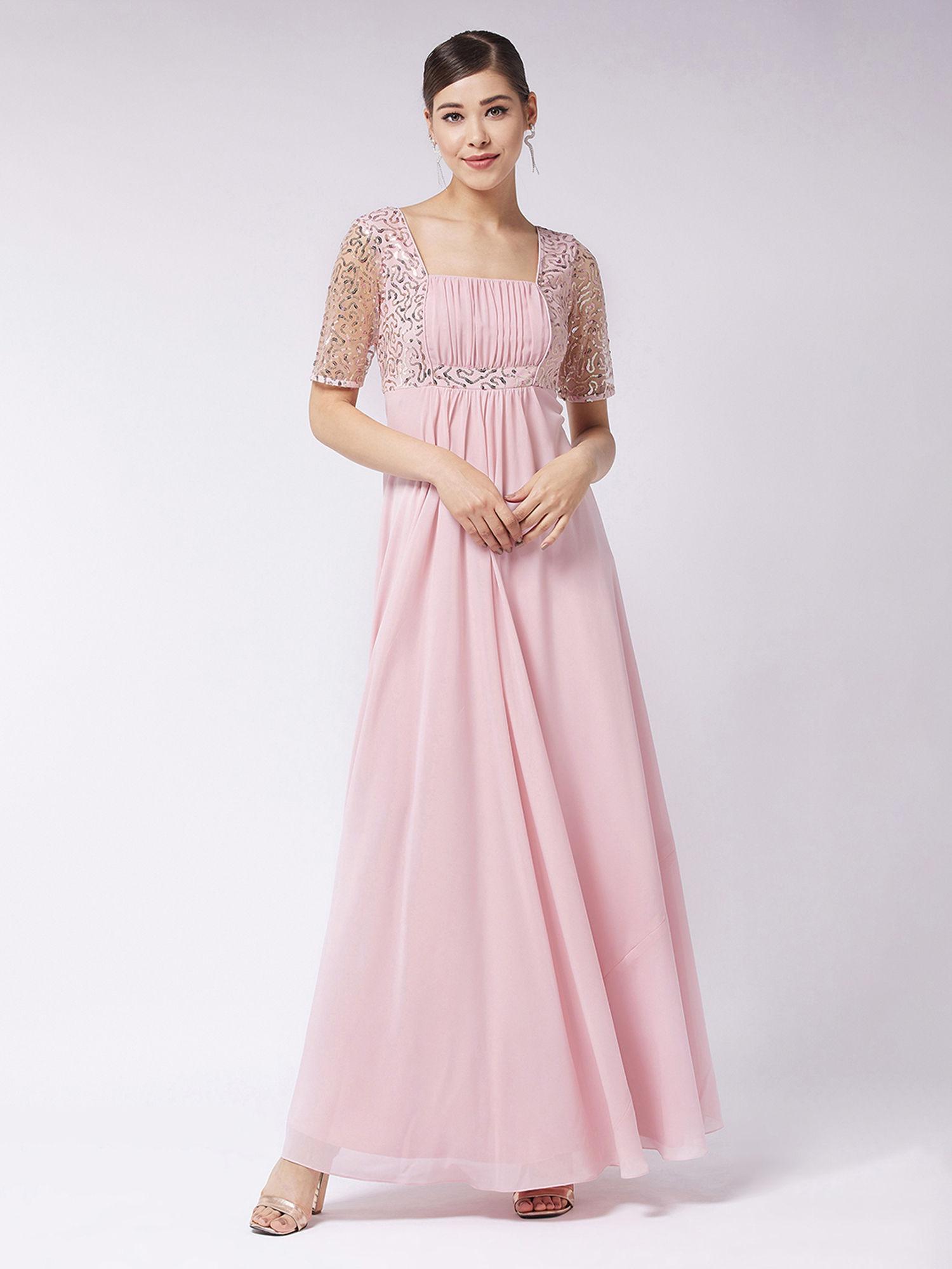 women dusty pink square neck half sleeve embellished maxi dress