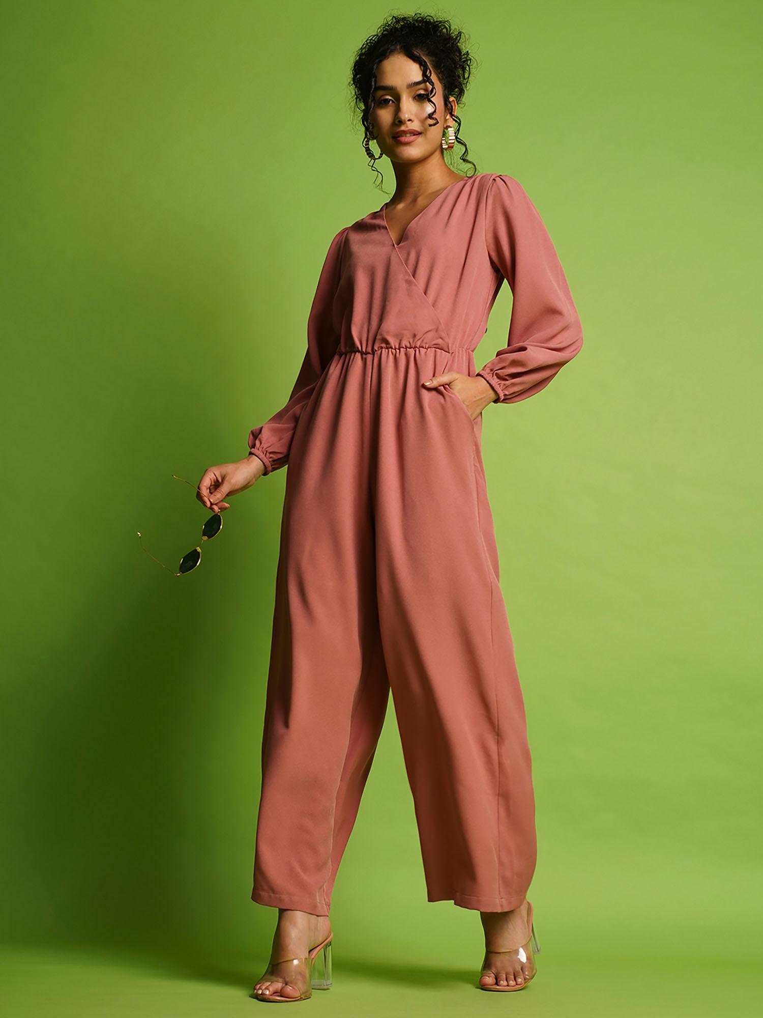 women dusty pink wrap neck bishop sleeves gathered waist workwear jumpsuit