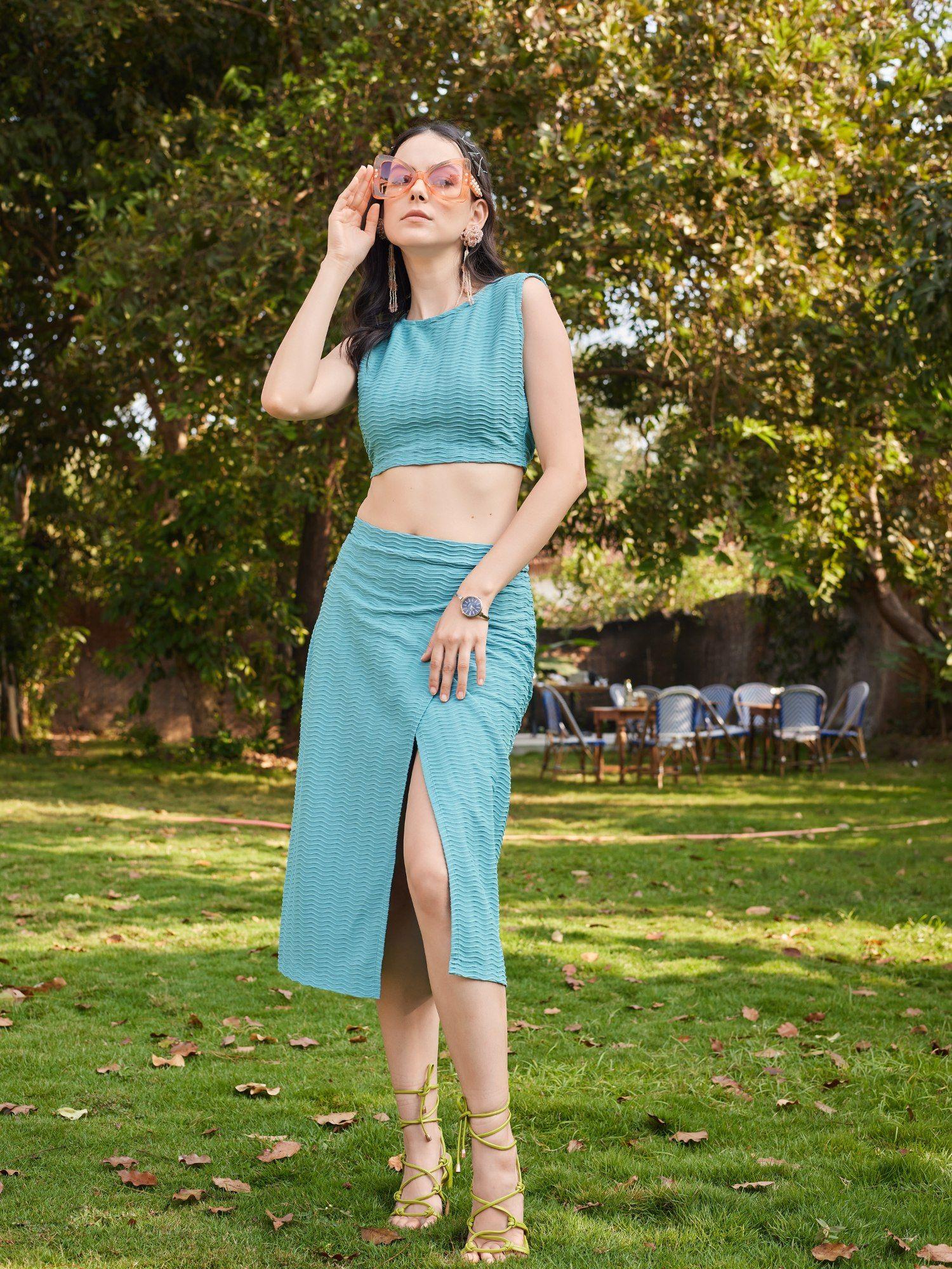 women dusty teal texture crop top and wrap midi skirt (set of 2)