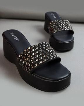 women embellised slip-on round-toe wedges