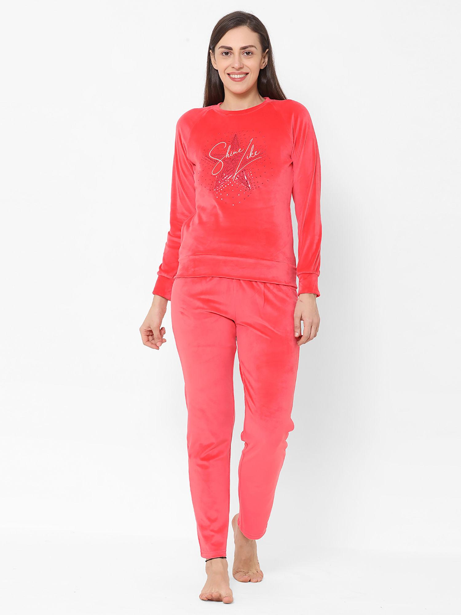 women embellished/ embroidered round neck velour spandex winter nightsuit - pink