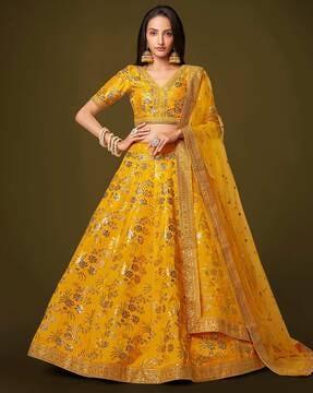 women embellished & embroidered a-line lehenga choli set with dupatta