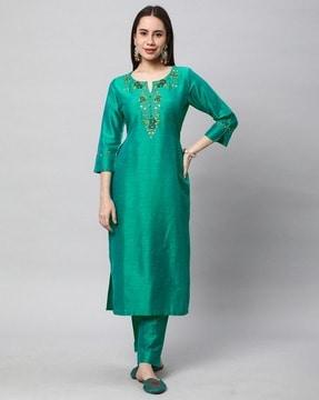 women embellished & embroidered back darts straight kurta