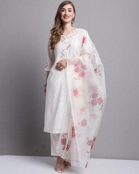 women embellished & embroidered straight kurta & pants & dupatta set