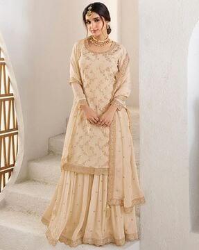 women embellished & embroidered straight kurta set with dupatta