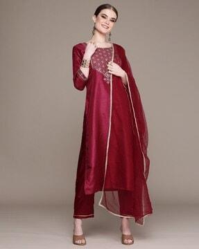 women embellished & embroidered straight kurta set with dupatta