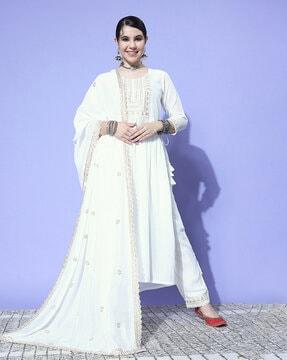 women embellished & embroidered straight kurta set with dupatta