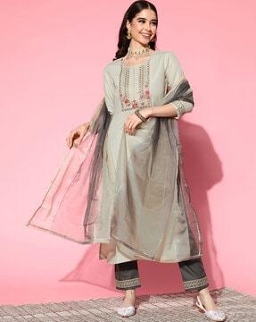 women embellished & embroidered straight kurta set with dupatta