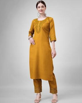 women embellished & embroidered straight kurta set