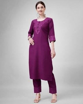 women embellished & embroidered straight kurta set
