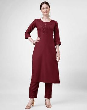 women embellished & embroidered straight kurta set