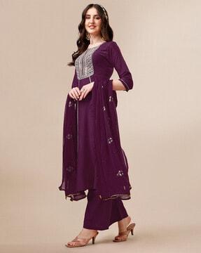 women embellished & embroidery a-line kurta set with dupatta