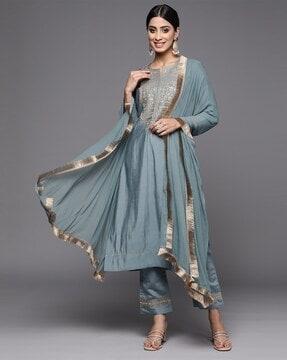 women embellished & embroidery straight kurta set with dupatta with dupatta