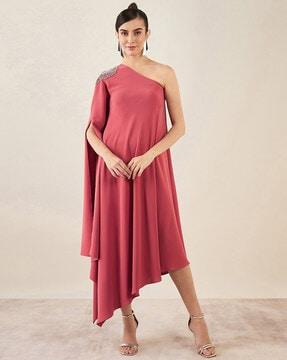 women embellished a-line dress with one-shoulder sleeves