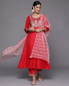 women embellished a-line kurta with palazzos & dupatta