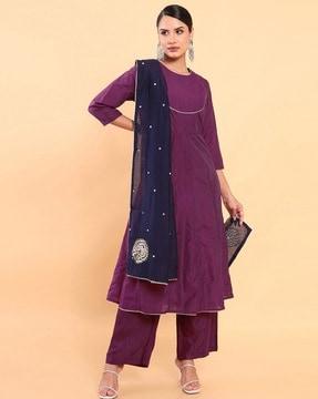 women embellished a-line kurta with pants & dupatta