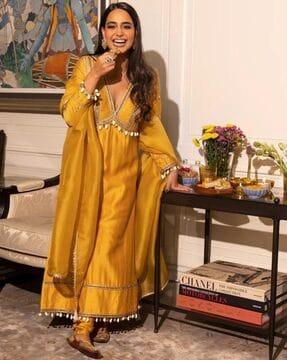 women embellished a-line kurta with pants & dupatta