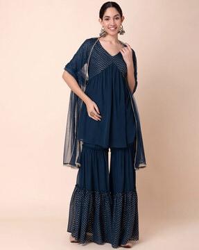 women embellished a-line kurta with sharara & dupatta