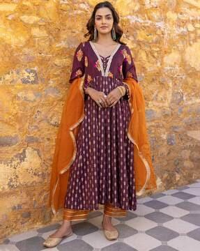 women embellished anarkali kurta with pants & dupatta