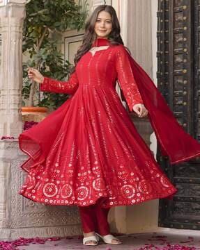 women embellished anarkali kurta with pants & dupatta