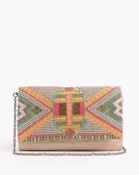 women embellished aztec foldover clutch with chain strap