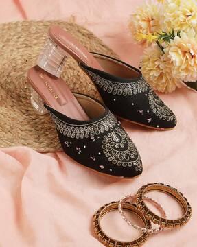 women embellished chunky heeled shoes