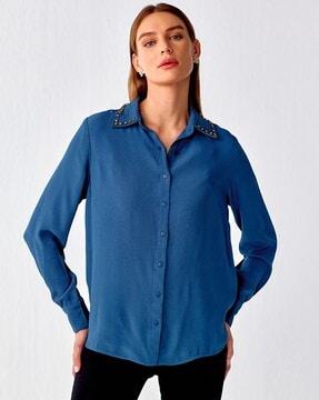 women embellished collar relaxed fit shirt