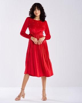 women embellished fit & flare dress with tie-up belt