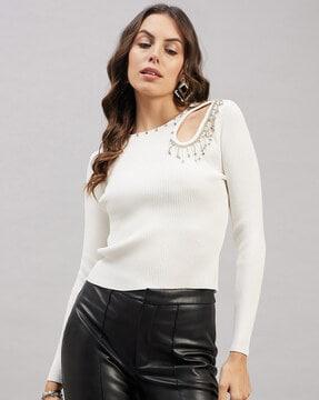 women embellished fitted ribbed top