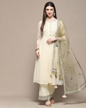 women embellished flared kurta with palazzos & dupatta