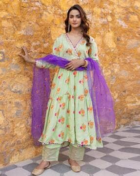 women embellished flared kurta with pants & dupatta