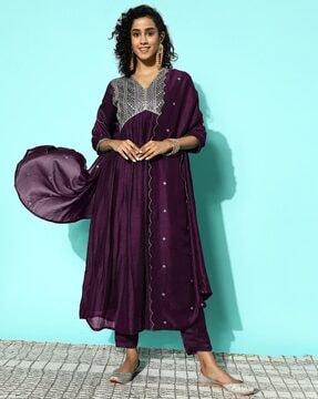 women embellished flared kurta with pants & dupatta
