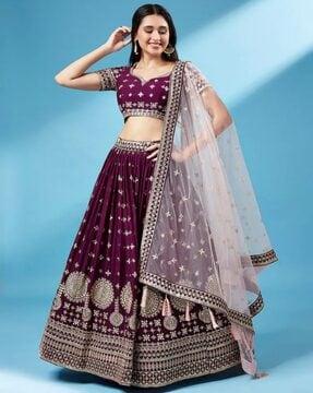 women embellished flared lehenga choli set with dupatta