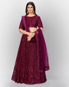 women embellished flared lehenga choli set with dupatta