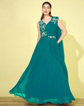 women embellished gown dress with attached dupatta