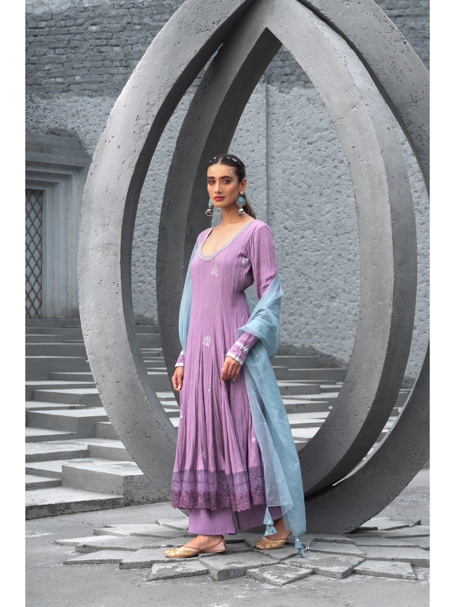 women embellished lavender anarkali kurta with pant & dupatta (set of 3)