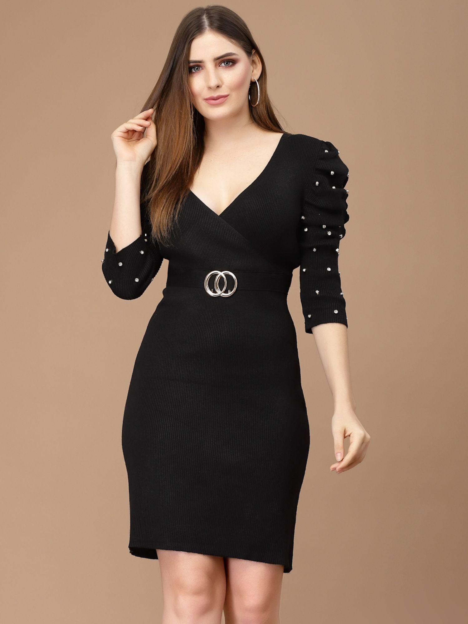 women embellished long sleeves plunging neck viscose black knee length winter dress