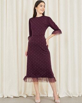 women embellished mesh trim shift midi dress with pocket detail