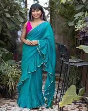 women embellished mul cotton saree with tassels