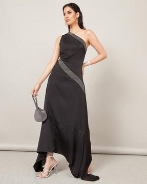 women embellished one shoulder asymmetric hem maxi dress