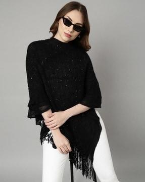 women embellished poncho with tassels