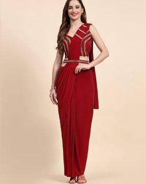 women embellished pre-stitched saree with belt