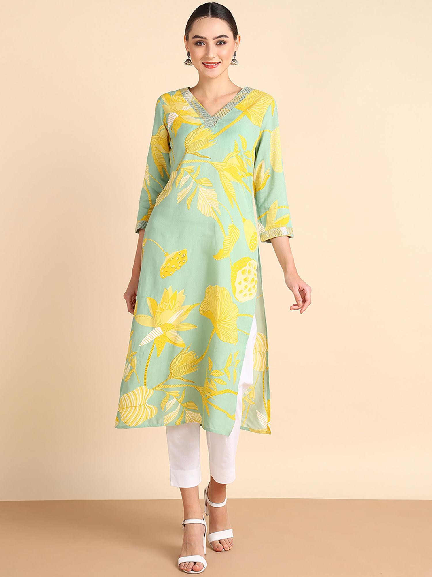 women embellished printed rayon green straight kurta